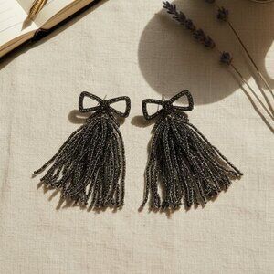 Serra Black with GoldTone backing Sead Beed Bow Design Tassel Earrings